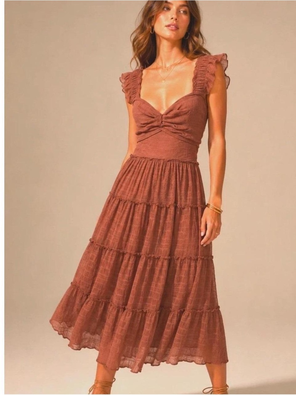 Max Studio Rust Tiered Midi Dress with Ruffle Straps